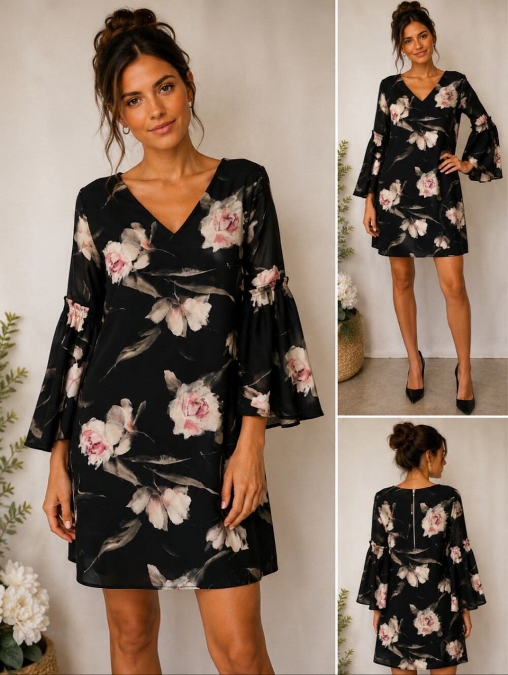 White House Black Market Black Floral Bell-Sleeve Shift Dress with Pink Accents - Picture 2 of 2